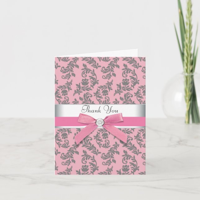 Pink Grey Damask Thank You Cards (Front)