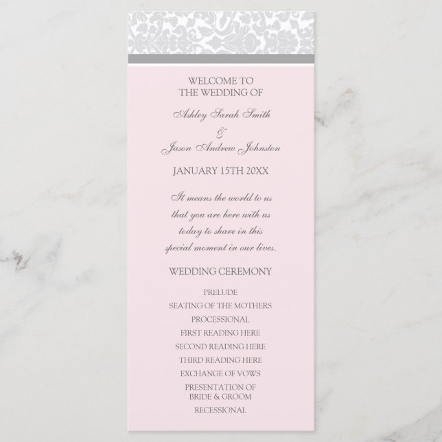 Pink Grey Damask Wedding Program Programme (Front)