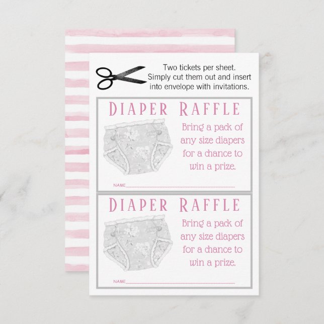 Pink Grey Diaper Girl Diaper Raffle Tickets Invitation (Front/Back)