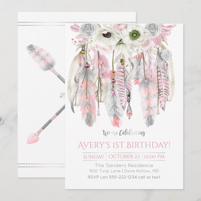 Pink Grey Dream Catcher Floral Feathers Arrows Invitation (Front/Back)