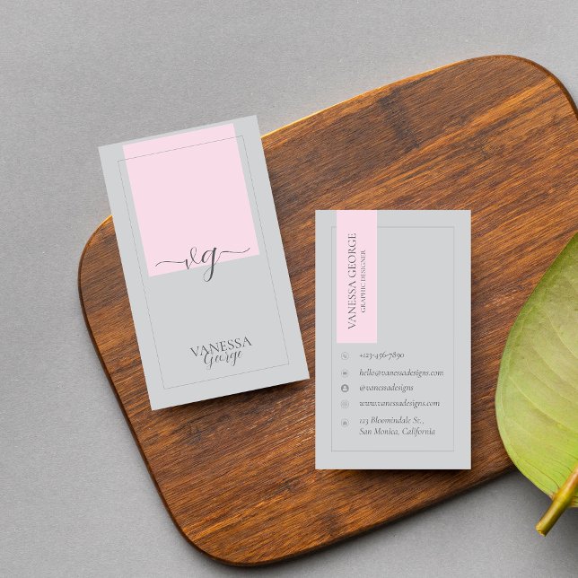 Pink Grey Elegant Cute  Modern Monogram Custom Business Card (Pink Grey Elegant Cute Modern Monogram Custom Business Card)