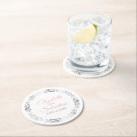 Pink & Grey Elegant Floral Filigree Wedding Round Paper Coaster<br><div class="desc">These wedding coasters are designed to coordinate with our Pink & Grey Elegant Wedding Suite. They feature Pink & Grey text on a white background with a silver faux foil floral border. There is a place to enter the couple's names and the wedding date. Wonderful wedding memento.</div>