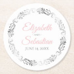 Pink & Grey Elegant Floral Filigree Wedding Round Paper Coaster<br><div class="desc">These wedding coasters are designed to coordinate with our Pink & Grey Elegant Wedding Suite. They feature Pink & Grey text on a white background with a silver faux foil floral border. There is a place to enter the couple's names and the wedding date. Wonderful wedding memento.</div>