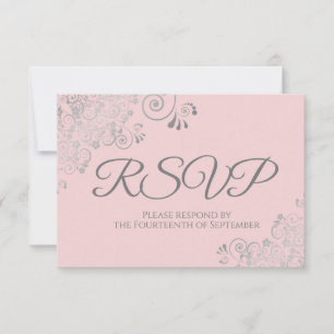 Pink & Grey Elegant Silver Lace Frills Wedding RSVP Card