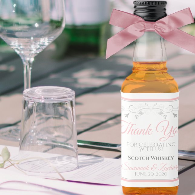 Pink & Grey Elegant Simple Wedding Thank You Mini Liquor Bottle Label (Creator Uploaded)