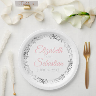Pink & Grey Elegant Wedding Paper Plates
