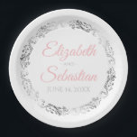 Pink & Grey Elegant Wedding Paper Plates<br><div class="desc">These beautiful paper plates are designed to coordinate with our Pink & Grey Elegant Wedding Suite. They feature a faux foil gold floral border with a space to enter the name of the couple and the wedding date. Text is pink & grey, background is white. Fully customisable. Make your wedding...</div>