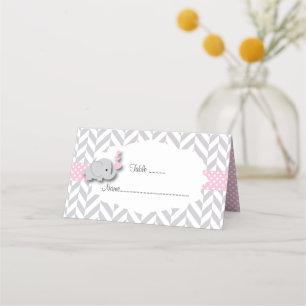 Pink & Grey Elephant Baby Shower   Doubled-Sided Place Card