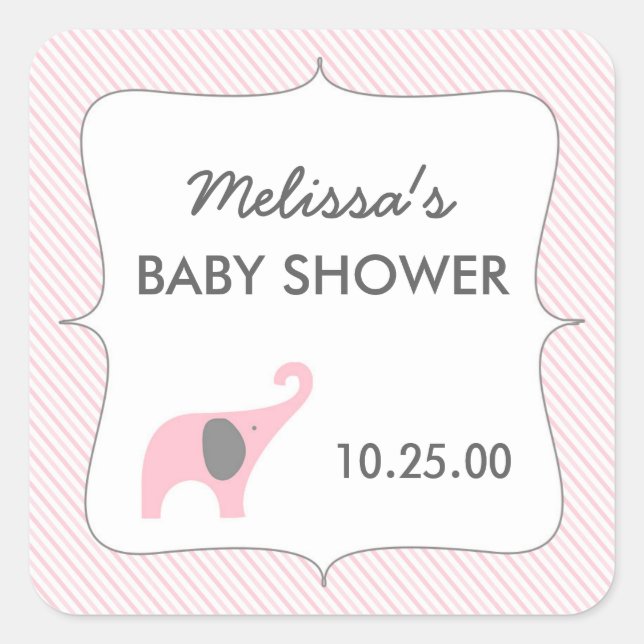 Pink grey elephant baby shower favour sticker (Front)