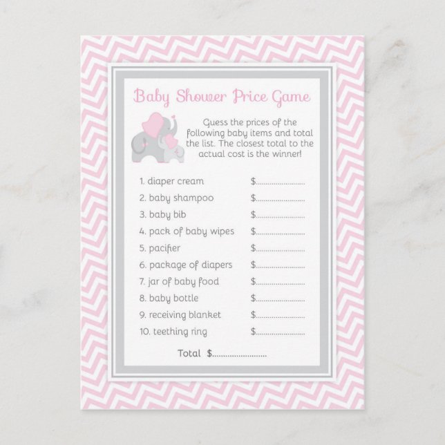 Pink & Grey Elephant Baby Shower Guess Price Game Invitation Postcard (Front)