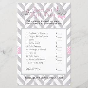 Pink & Grey Elephant Baby Shower - Guess the Price