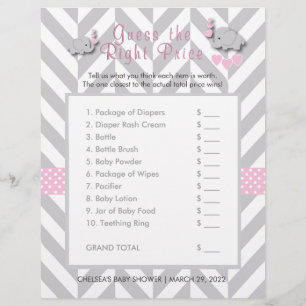 Pink & Grey Elephant Baby Shower - Guess the Price Flyer