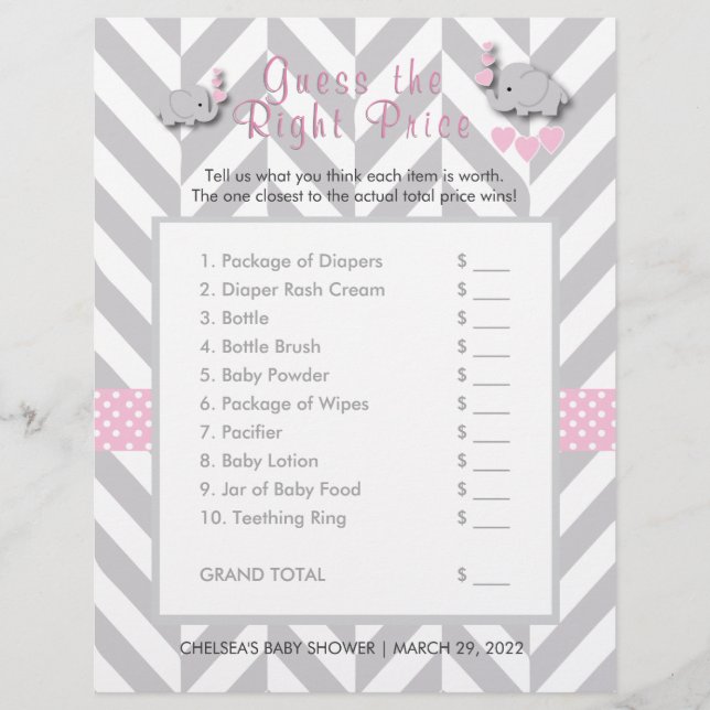 Pink & Grey Elephant Baby Shower - Guess the Price Flyer (Front)