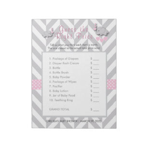 Pink & Grey Elephant Baby Shower - Guess the Price Notepad