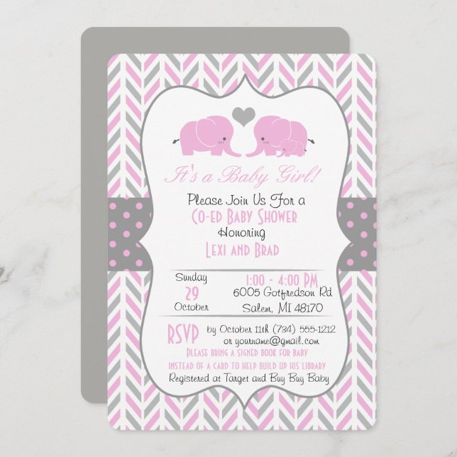 Pink Grey Elephant Baby Shower Invitation (Front/Back)