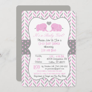 Pink Grey Elephant Baby Shower Invitation