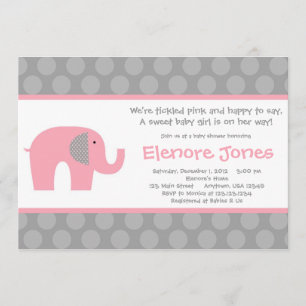 Pink Grey Elephant Baby Shower Invitation