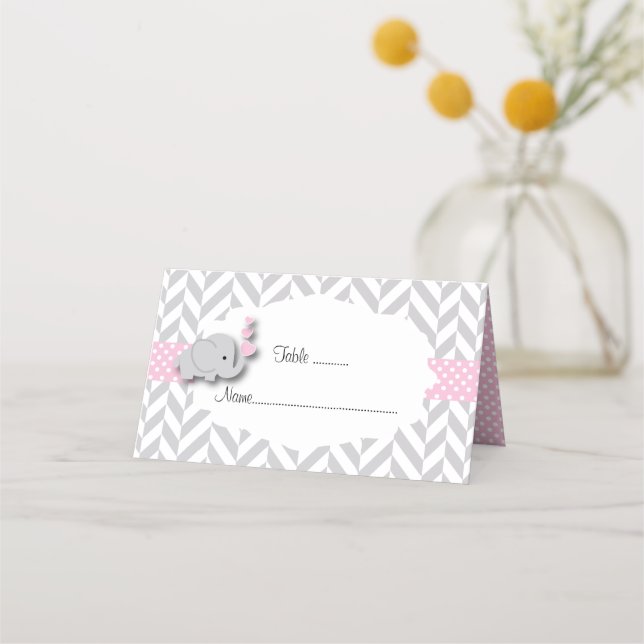 Pink & Grey Elephant Baby Shower Place Card (Front)