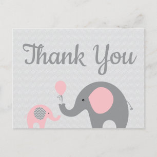 Pink Grey Elephant Baby Shower Thank You Postcard