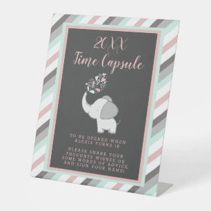 Pink & Grey Elephant Baby Shower Time Capsule Sign