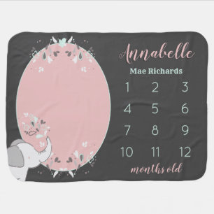Pink & Grey Elephant Baby's First Year Milestone Baby Blanket