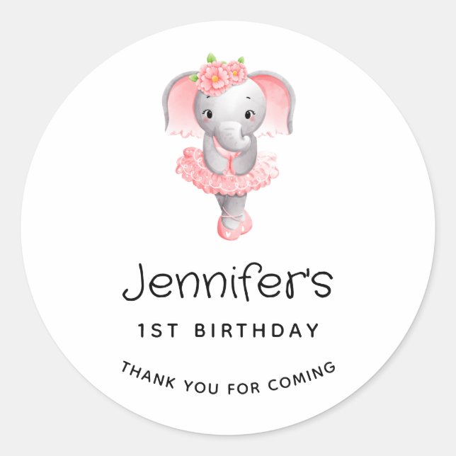 Pink & Grey Elephant Ballerina Birthday Thank You Classic Round Sticker (Front)