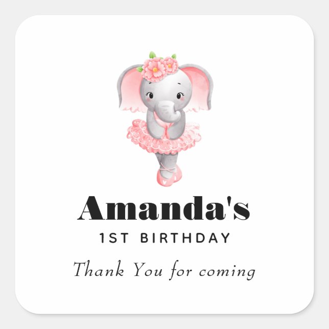 Pink & Grey Elephant Ballerina Birthday Thank You Square Sticker (Front)