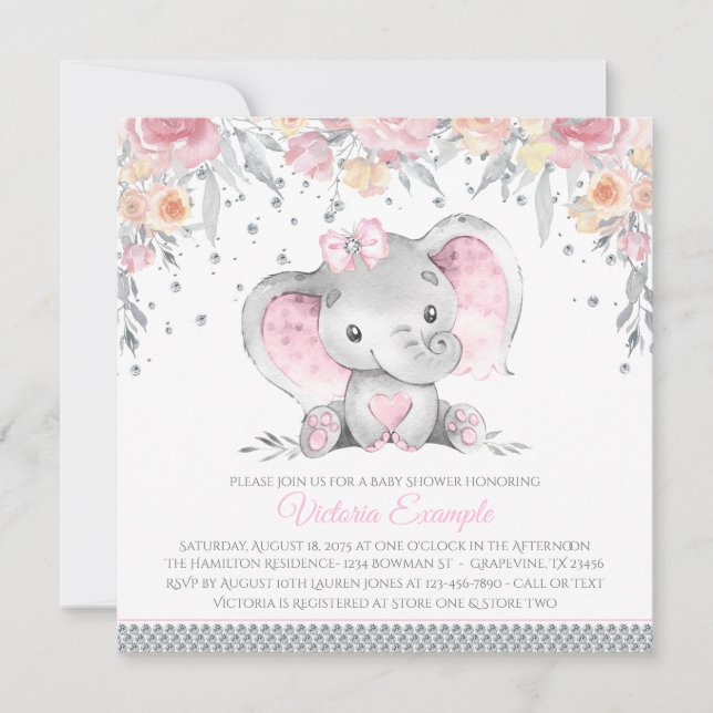 Pink Grey Elephant Diamond Floral Baby Shower Invitation (Front)