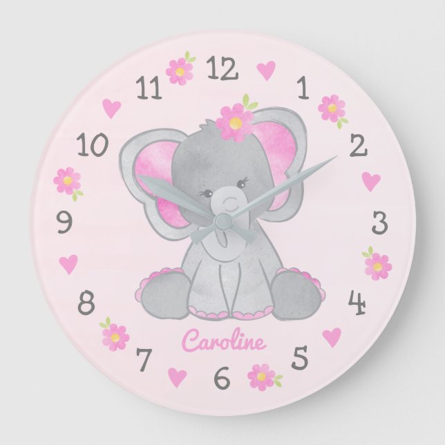 Pink Grey Elephant Flowers Name Girl Nursery Large Clock (Front)