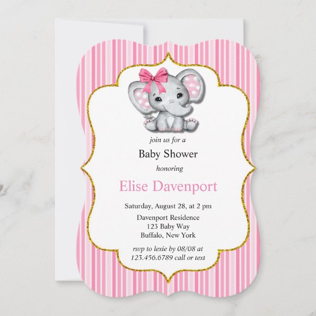 Pink Grey Elephant Girl Baby Shower Invitation (Front)
