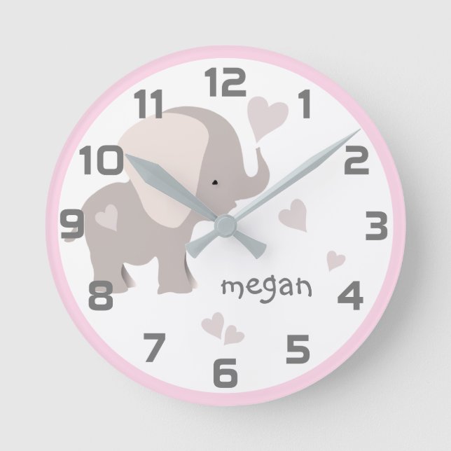 Pink Grey Elephant Heart Wall Clock (Front)
