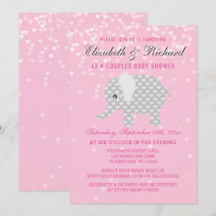 Pink Grey Elephant Hearts Couples Girl Baby Shower Invitation