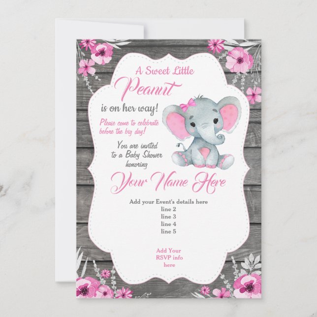 Pink Grey Elephant Invitation Editable (Front)