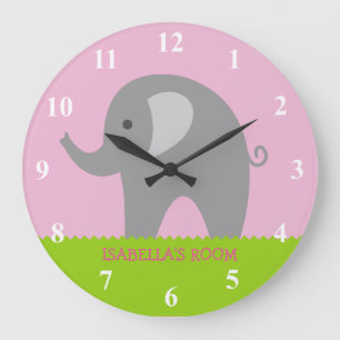 Pink grey elephant nursery wall clock for girls