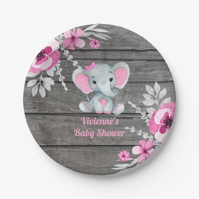 Pink Grey Elephant Plate 4 Baby Shower, Birthday (Front)