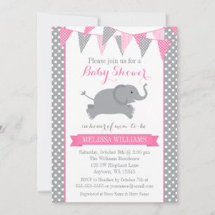 Pink Grey Elephant Polka Dot Bunting Baby Shower Invitation