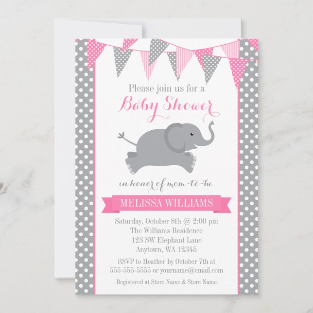 Pink Grey Elephant Polka Dot Bunting Baby Shower Invitation (Front)