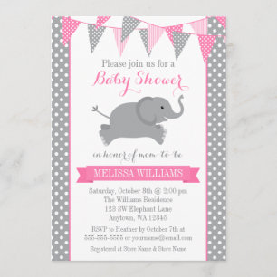 Pink Grey Elephant Polka Dot Bunting Baby Shower Invitation