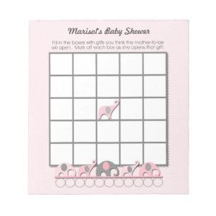 Pink Grey Elephants Baby Shower Bingo Game pad