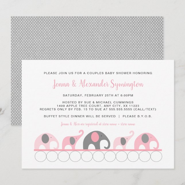 Pink Grey Elephants Couples girl Baby Shower Invitation (Front/Back)