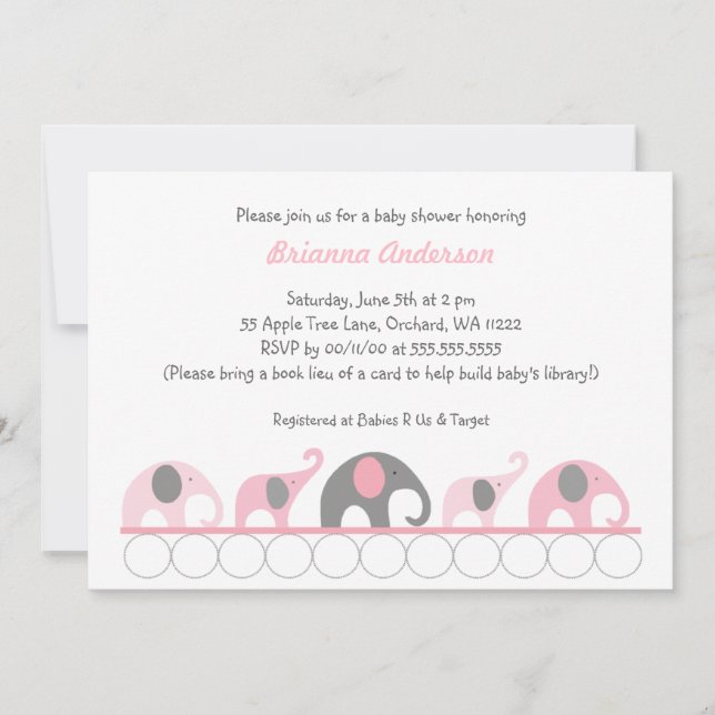 Pink & Grey elephants on books baby shower invite (Front)