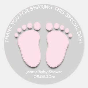 Pink Grey Feet Baby Shower Favour Gift Thank Girl Classic Round Sticker