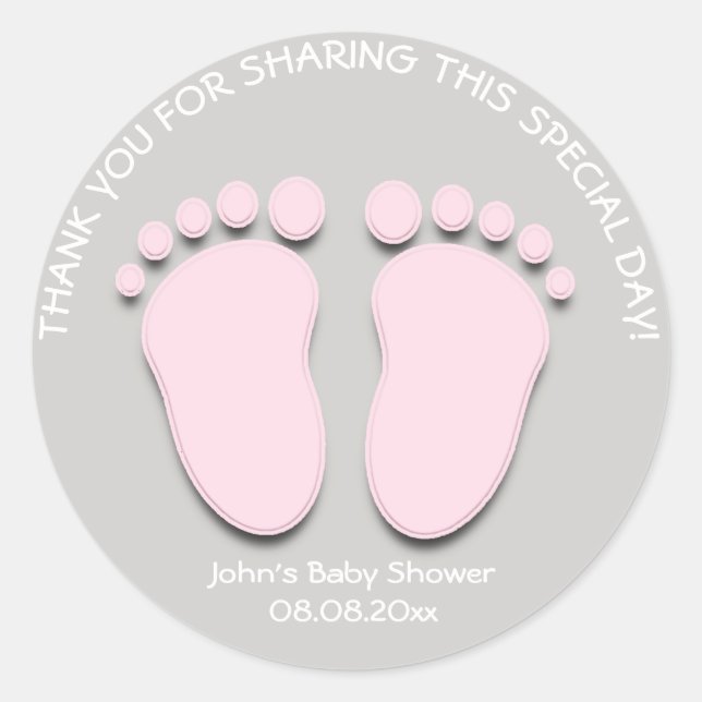Pink Grey Feet Baby Shower Favour Gift Thank Girl Classic Round Sticker (Front)