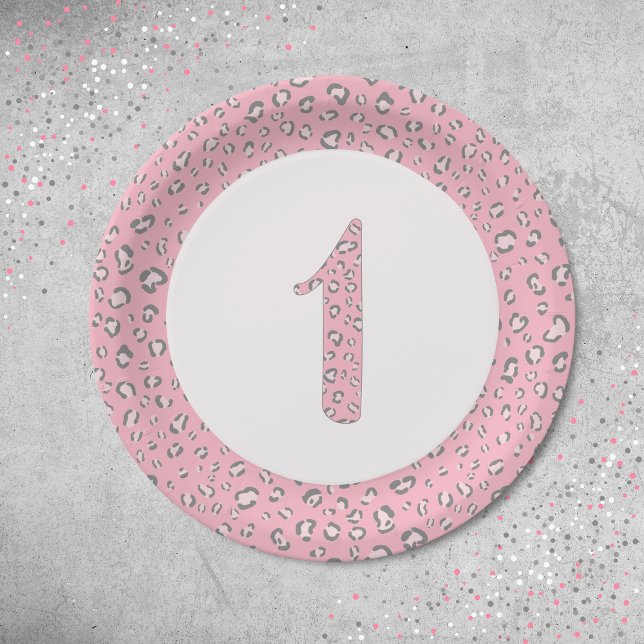 Pink Grey First Birthday 2 Leopard Pattern  Paper Plate (Creator Uploaded)