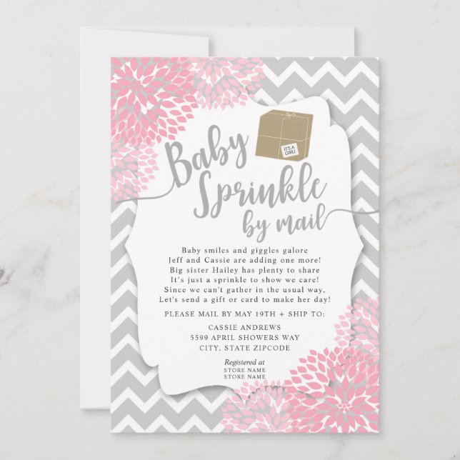 Pink Grey Floral Baby Sprinkle by mail Invitation (Front)