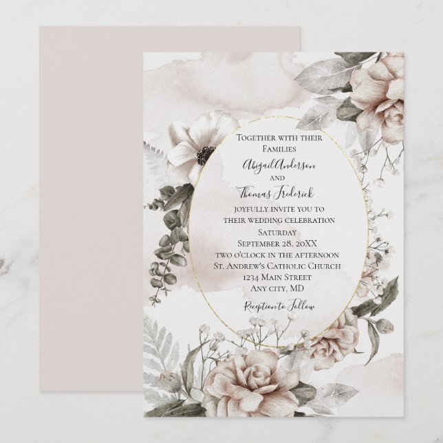 Pink Grey Floral Botanical Elegant Formal Wedding Invitation (Front/Back)