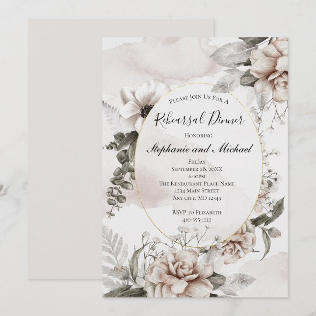 Pink Grey Floral Botanical Elegant Formal Wedding  Invitation (Front/Back)