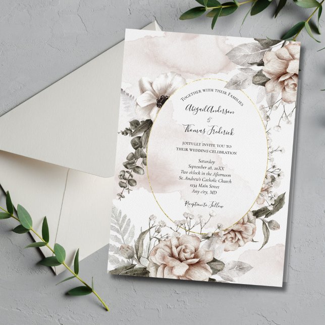 Pink Grey Floral Botanical Elegant Formal Wedding Invitation (Blush Pink Gray Floral Watercolor Wedding Invitation. Elegant and Classic.)
