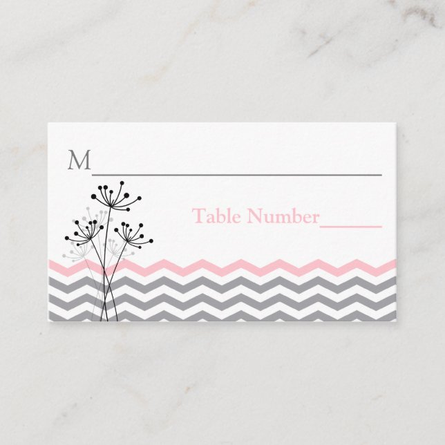 Pink, Grey Floral, Chevron Stripes Place Card (Front)