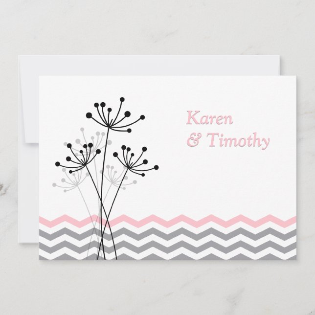 Pink, Grey Floral, Chevron Wedding Invite (Front)